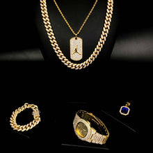 Load image into Gallery viewer, Diamond inlaid luxury sports Logo Necklace + Cuban chain combination set, gold ice Cuban bracelet, man's watch,