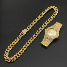 Load image into Gallery viewer, Diamond inlaid luxury sports Logo Necklace + Cuban chain combination set, gold ice Cuban bracelet, man's watch,