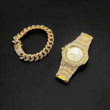 Load image into Gallery viewer, Diamond inlaid luxury sports Logo Necklace + Cuban chain combination set, gold ice Cuban bracelet, man's watch,