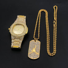 Load image into Gallery viewer, Diamond inlaid luxury sports Logo Necklace + Cuban chain combination set, gold ice Cuban bracelet, man's watch,