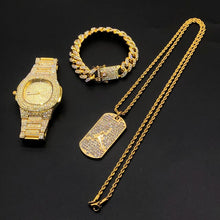 Load image into Gallery viewer, Diamond inlaid luxury sports Logo Necklace + Cuban chain combination set, gold ice Cuban bracelet, man's watch,