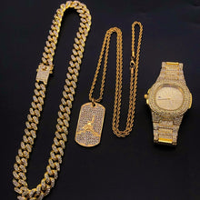 Load image into Gallery viewer, Diamond inlaid luxury sports Logo Necklace + Cuban chain combination set, gold ice Cuban bracelet, man's watch,