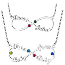 Load image into Gallery viewer, Personalized Silver Infinity 4 Names Necklace with Birthstones Nameplate Necklace Custom Made Any Name Pendant Jewelry Gift