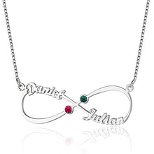 Load image into Gallery viewer, Personalized Silver Infinity 4 Names Necklace with Birthstones Nameplate Necklace Custom Made Any Name Pendant Jewelry Gift