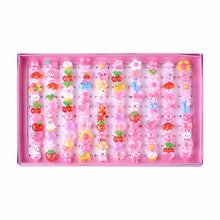 Load image into Gallery viewer, 100pcs/box Mixed Color Cute Rings Children's Day Jewelry Plastic Kids Ring for Girls with Mixed Style Animal Fruit as Gifts F95