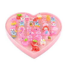 Load image into Gallery viewer, 100pcs/box Mixed Color Cute Rings Children's Day Jewelry Plastic Kids Ring for Girls with Mixed Style Animal Fruit as Gifts F95